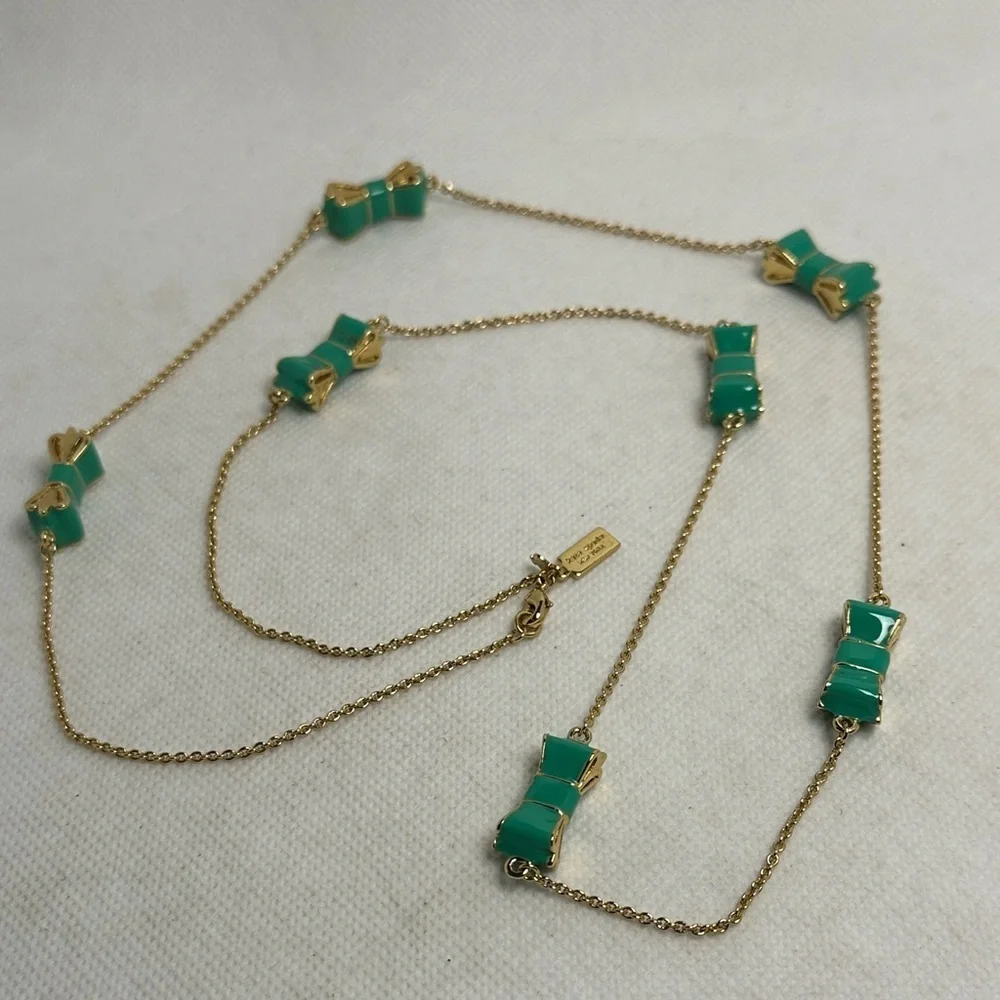 Kate Spade Gold and Green Bow Necklace – 32” Long / 16” Drop (EUC)